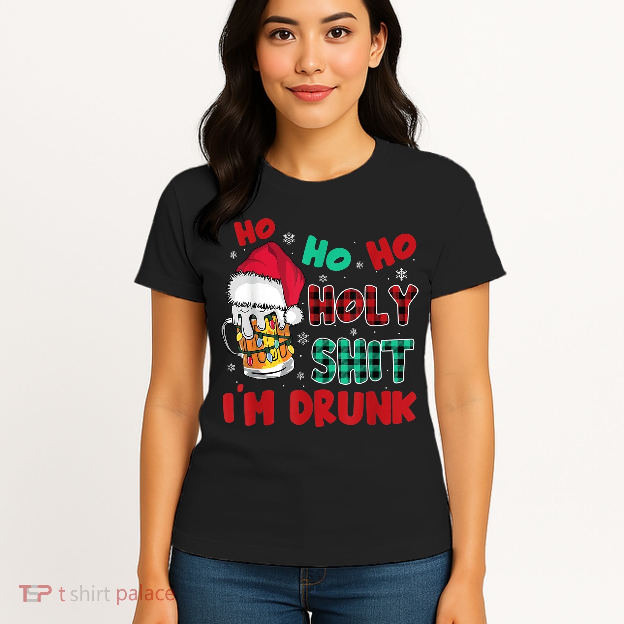 Ho Ho Holy Shit I'm Drunk Beer Santa Hat Christmas Drinking Women's T-Shirt