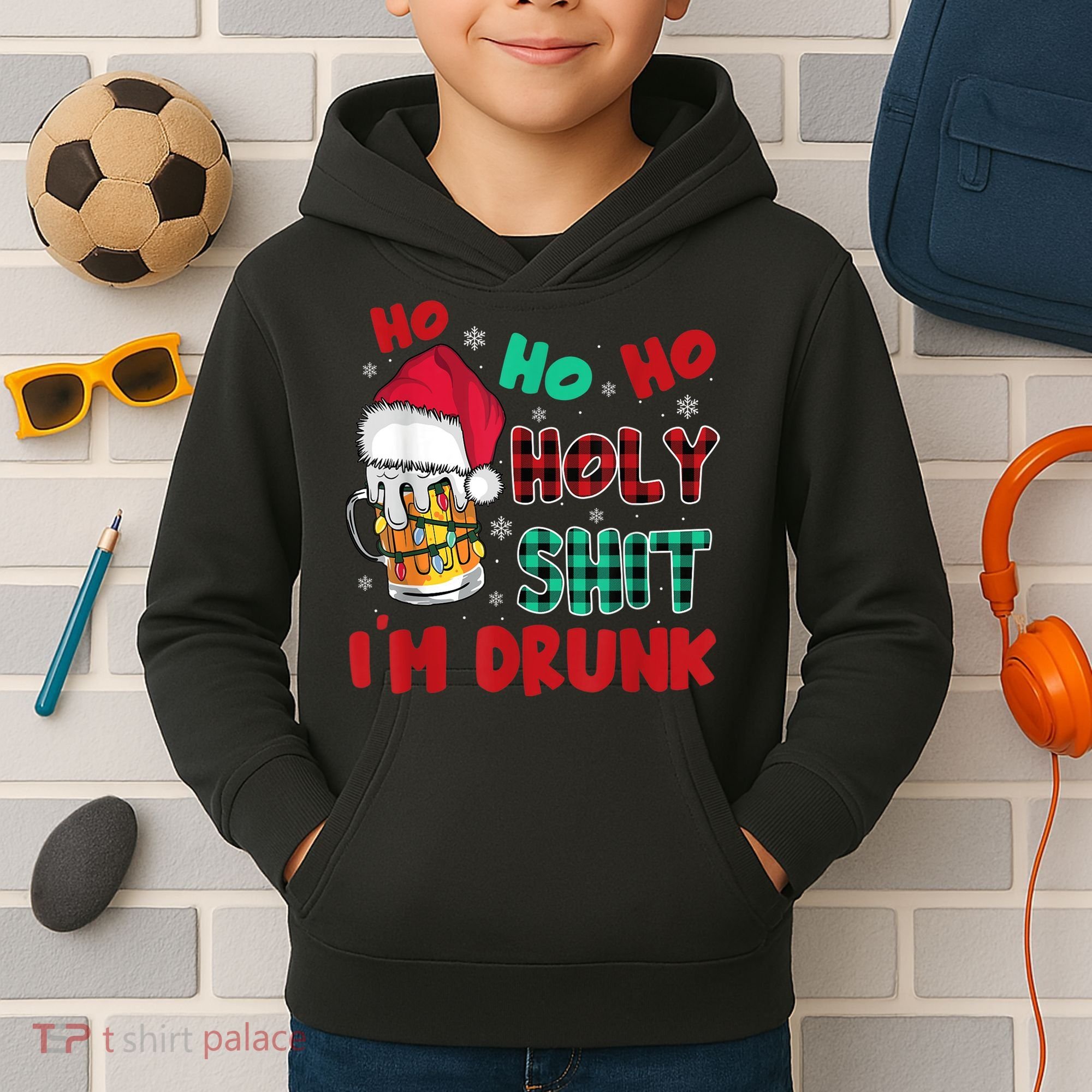 Ho Ho Holy Shit I'm Drunk Beer Santa Hat Christmas Drinking Kids Hoodie