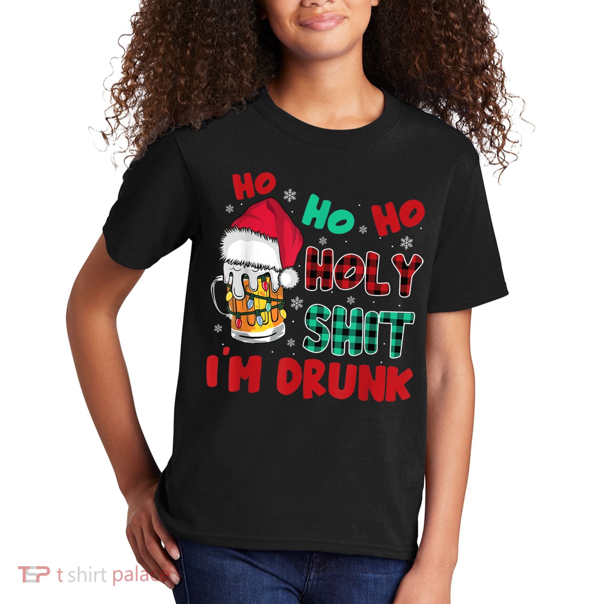 Ho Ho Holy Shit I'm Drunk Beer Santa Hat Christmas Drinking Kids T-Shirt