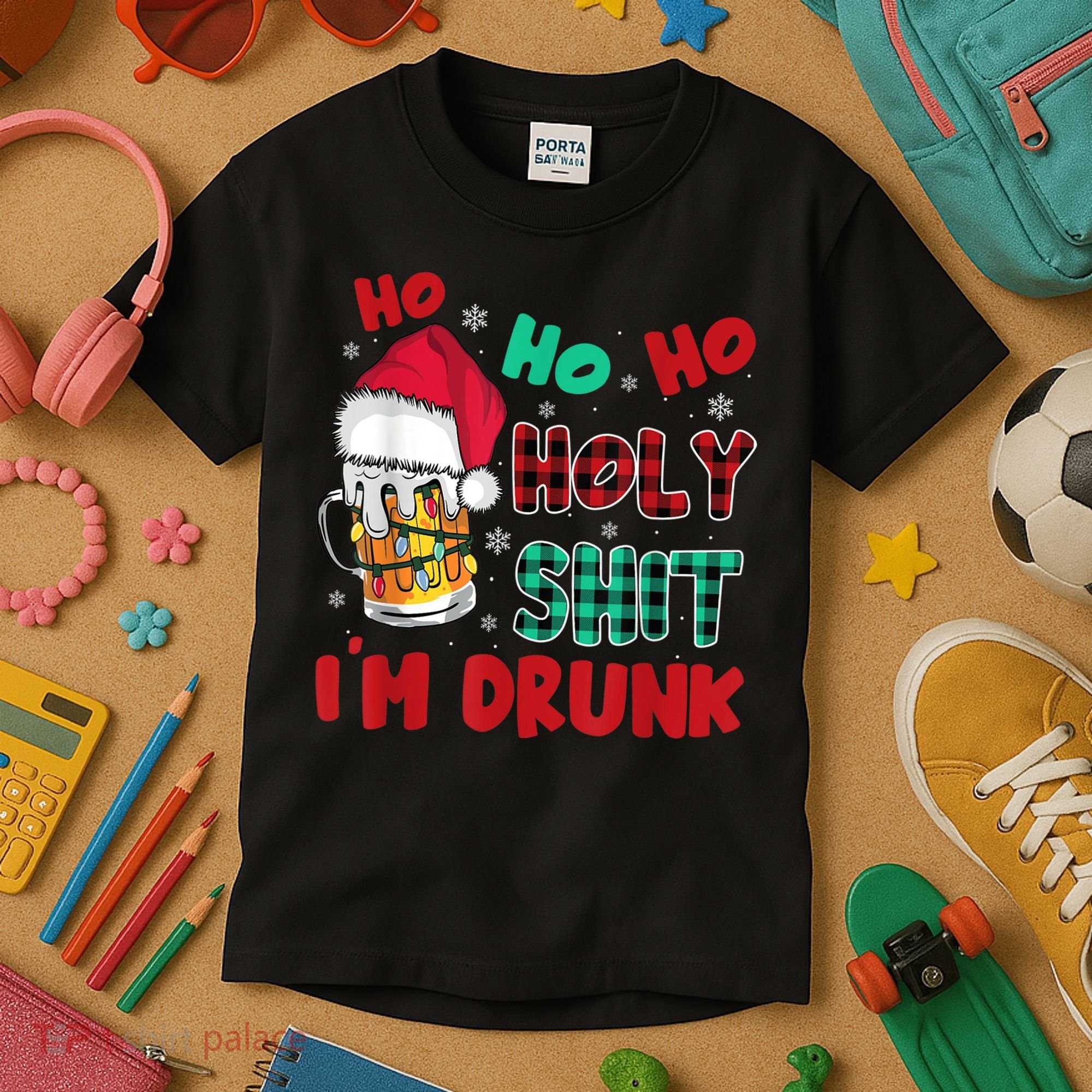 Ho Ho Holy Shit I'm Drunk Beer Santa Hat Christmas Drinking Kids T-Shirt
