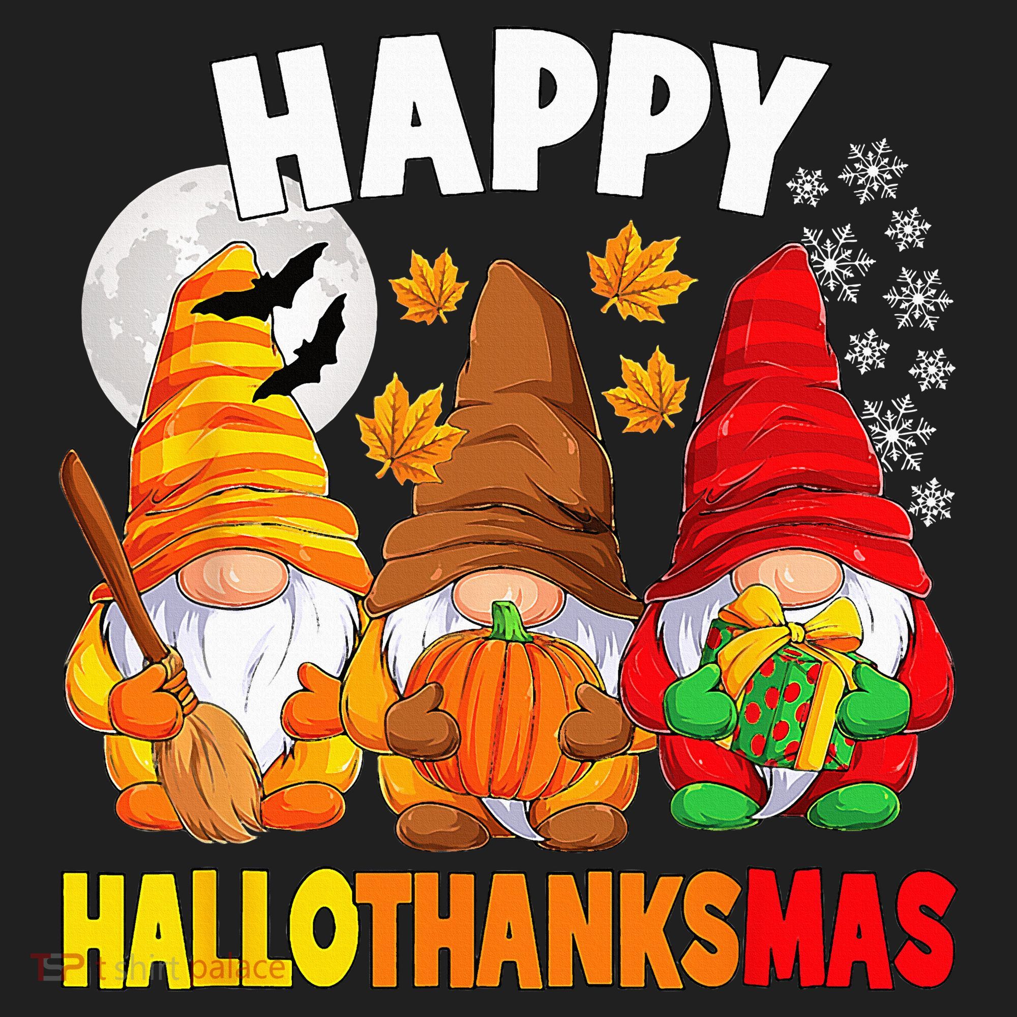Happy HalloThanksMas Halloween Thanksgiving Christmas Gnomes Women's Sweatshirt