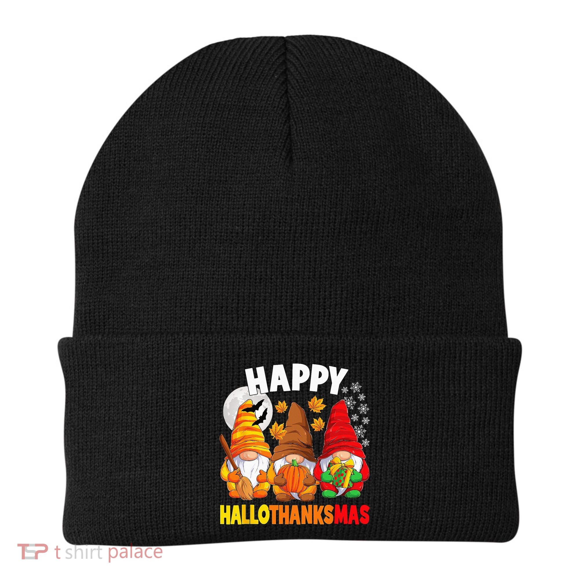 Happy HalloThanksMas Halloween Thanksgiving Christmas Gnomes Beanie