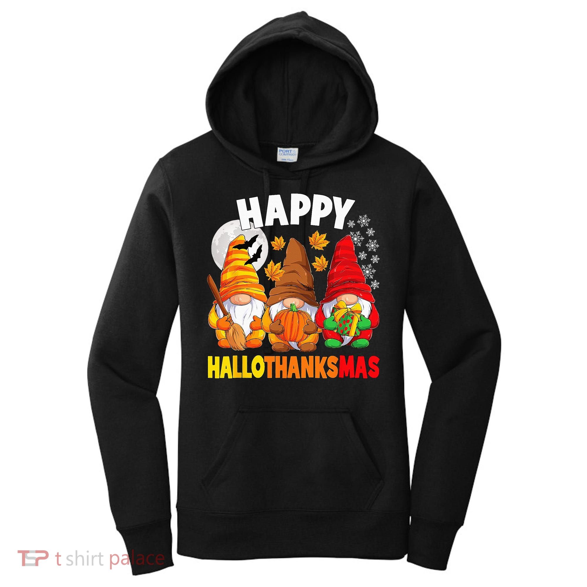 Happy HalloThanksMas Halloween Thanksgiving Christmas Gnomes Women's Hoodie