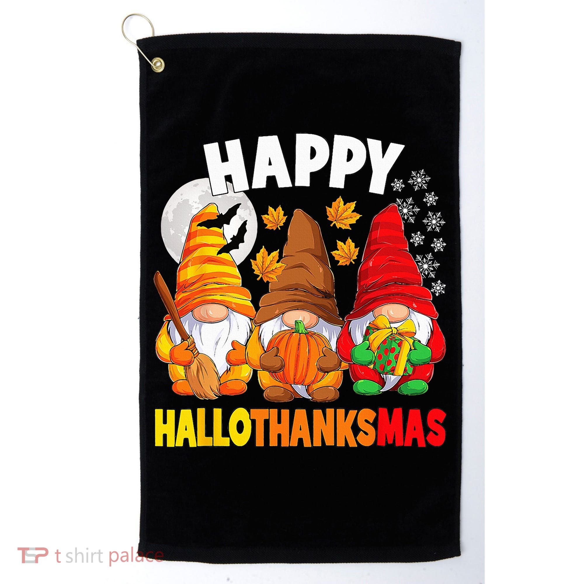 Happy HalloThanksMas Halloween Thanksgiving Christmas Gnomes Golf Towel
