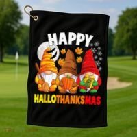 Happy HalloThanksMas Halloween Thanksgiving Christmas Gnomes Golf Towel thumb 1