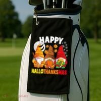 Happy HalloThanksMas Halloween Thanksgiving Christmas Gnomes Golf Towel thumb 2
