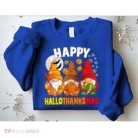 Happy HalloThanksMas Halloween Thanksgiving Christmas Gnomes Sweatshirt thumb 2