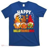Happy HalloThanksMas Halloween Thanksgiving Christmas Gnomes T-Shirt thumb 0