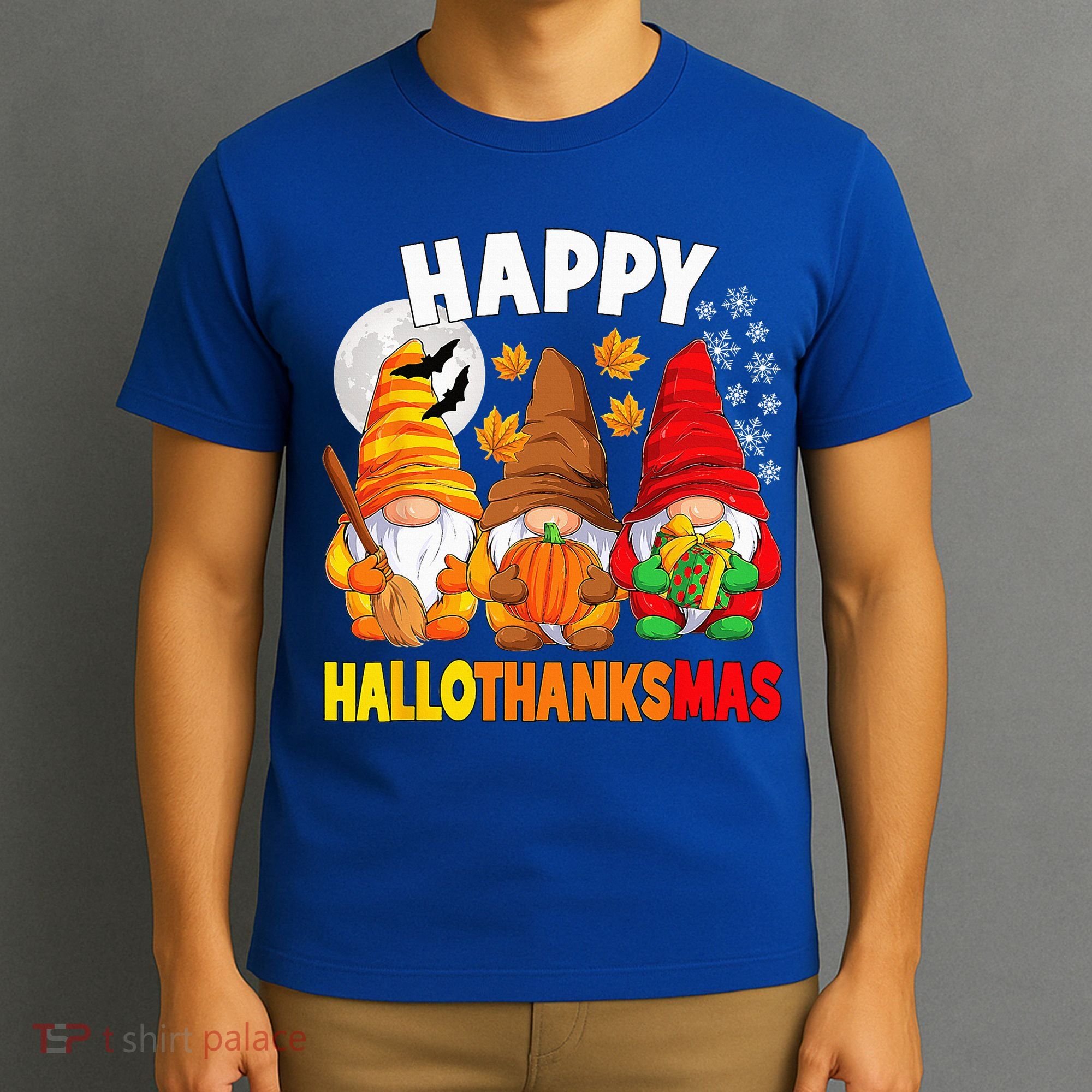 Happy HalloThanksMas Halloween Thanksgiving Christmas Gnomes T-Shirt