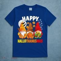 Happy HalloThanksMas Halloween Thanksgiving Christmas Gnomes T-Shirt thumb 5