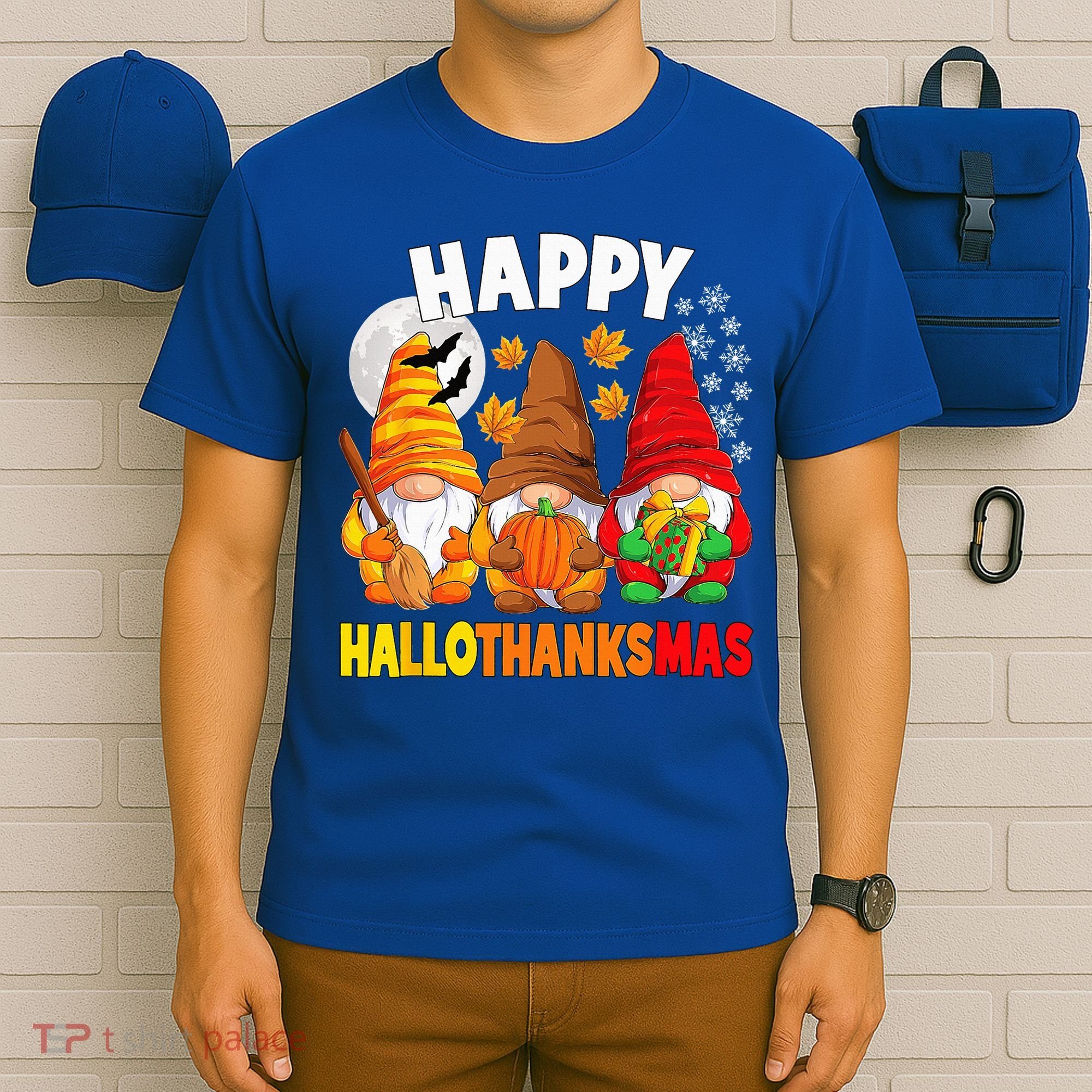 Happy HalloThanksMas Halloween Thanksgiving Christmas Gnomes T-Shirt