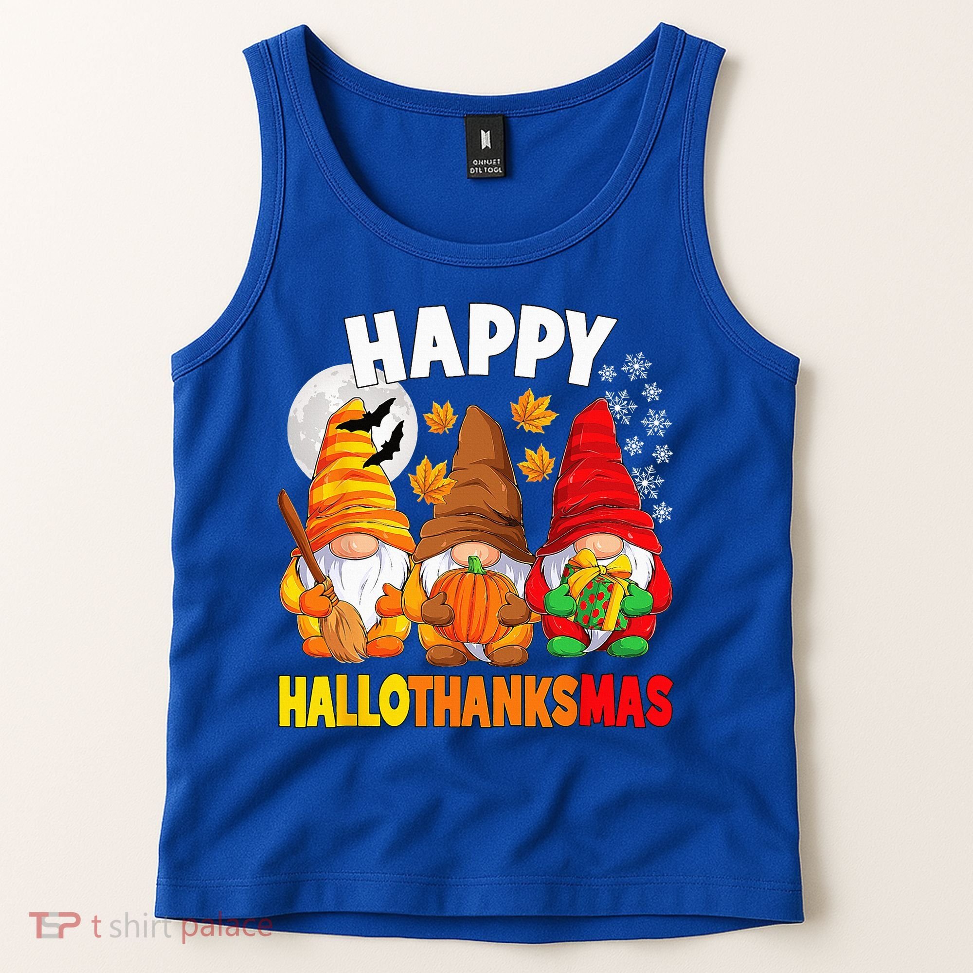 Happy HalloThanksMas Halloween Thanksgiving Christmas Gnomes Tank Top