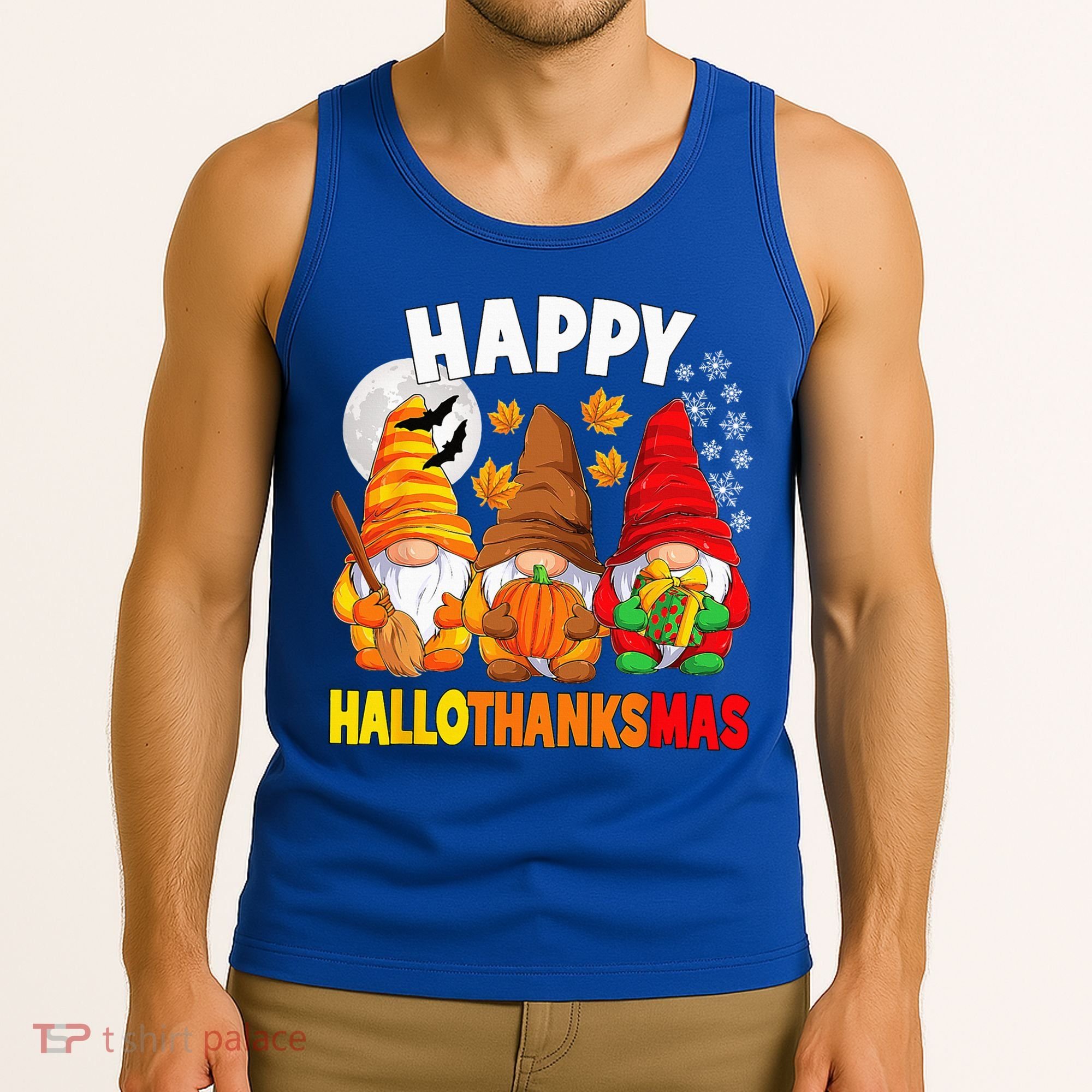 Happy HalloThanksMas Halloween Thanksgiving Christmas Gnomes Tank Top