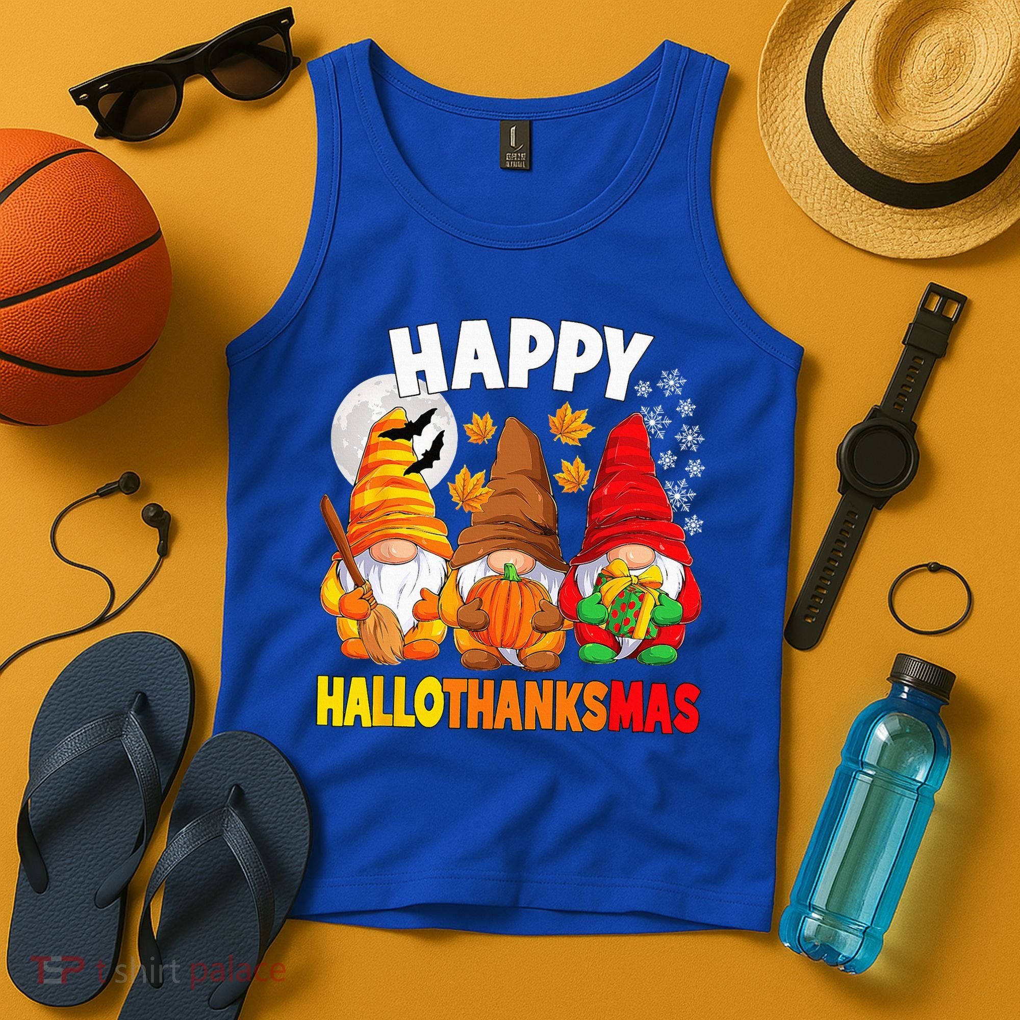 Happy HalloThanksMas Halloween Thanksgiving Christmas Gnomes Tank Top