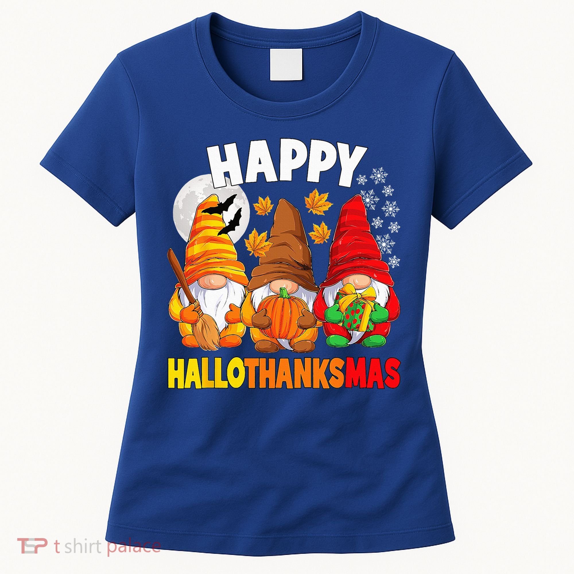 Happy HalloThanksMas Halloween Thanksgiving Christmas Gnomes Women's T-Shirt