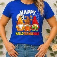 Happy HalloThanksMas Halloween Thanksgiving Christmas Gnomes Women's T-Shirt thumb 2