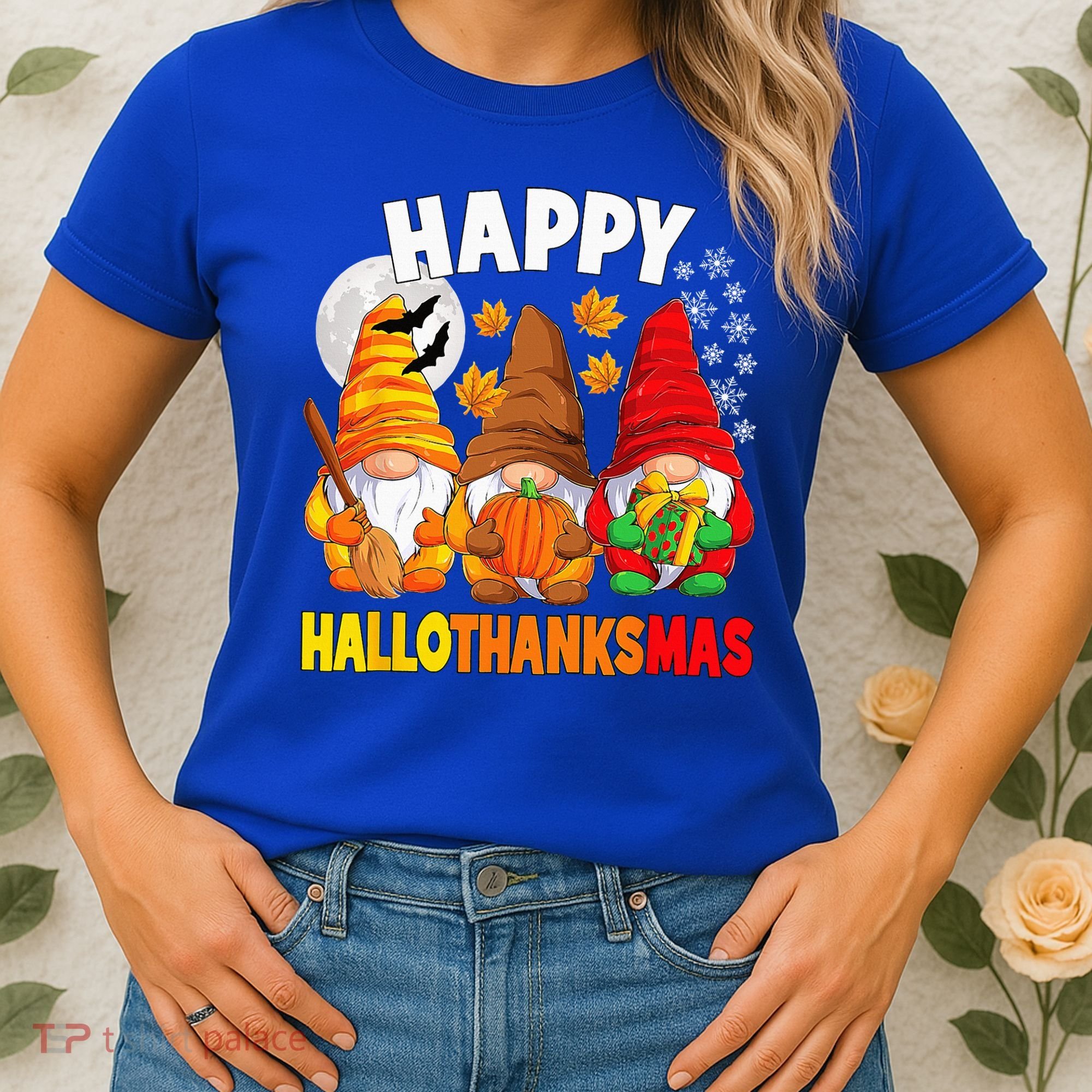 Happy HalloThanksMas Halloween Thanksgiving Christmas Gnomes Women's T-Shirt