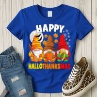 Happy HalloThanksMas Halloween Thanksgiving Christmas Gnomes Women's T-Shirt thumb 3