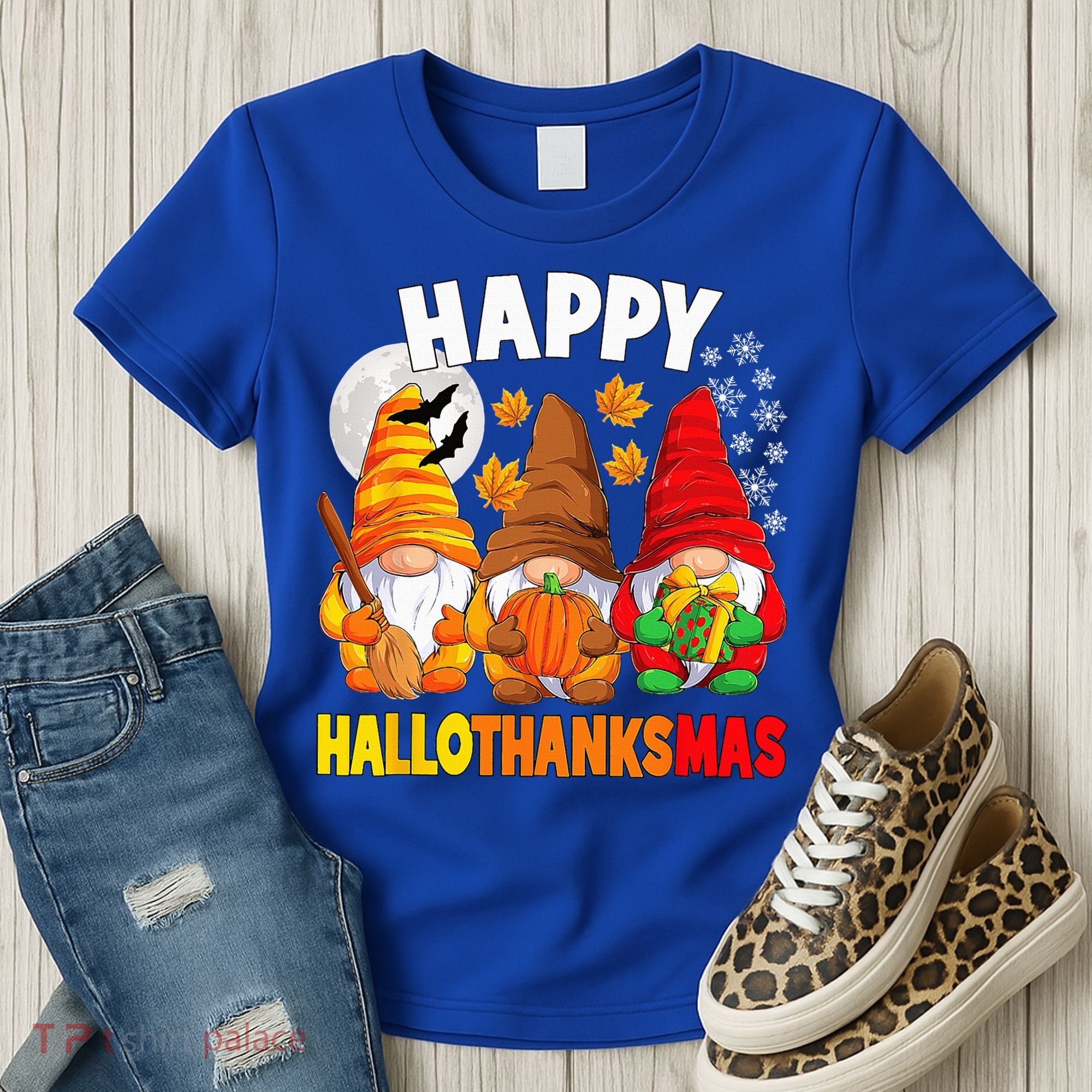 Happy HalloThanksMas Halloween Thanksgiving Christmas Gnomes Women's T-Shirt