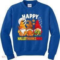 Happy HalloThanksMas Halloween Thanksgiving Christmas Gnomes Kids Sweatshirt thumb 0