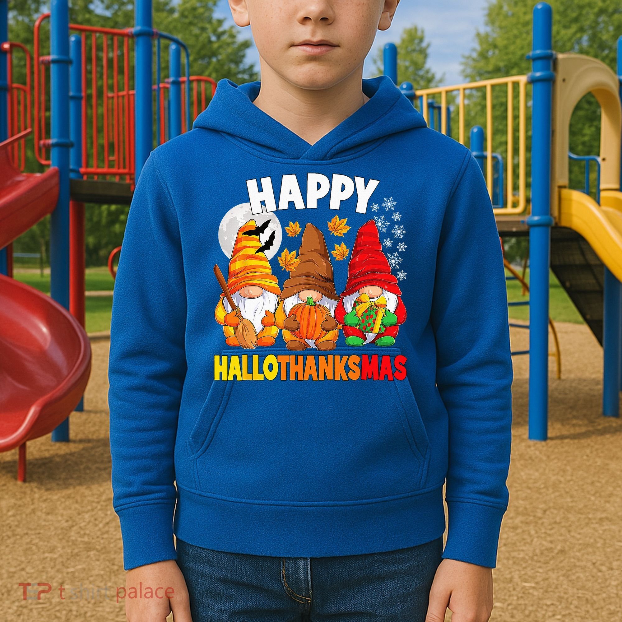 Happy HalloThanksMas Halloween Thanksgiving Christmas Gnomes Kids Hoodie