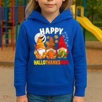 Happy HalloThanksMas Halloween Thanksgiving Christmas Gnomes Kids Hoodie thumb 3