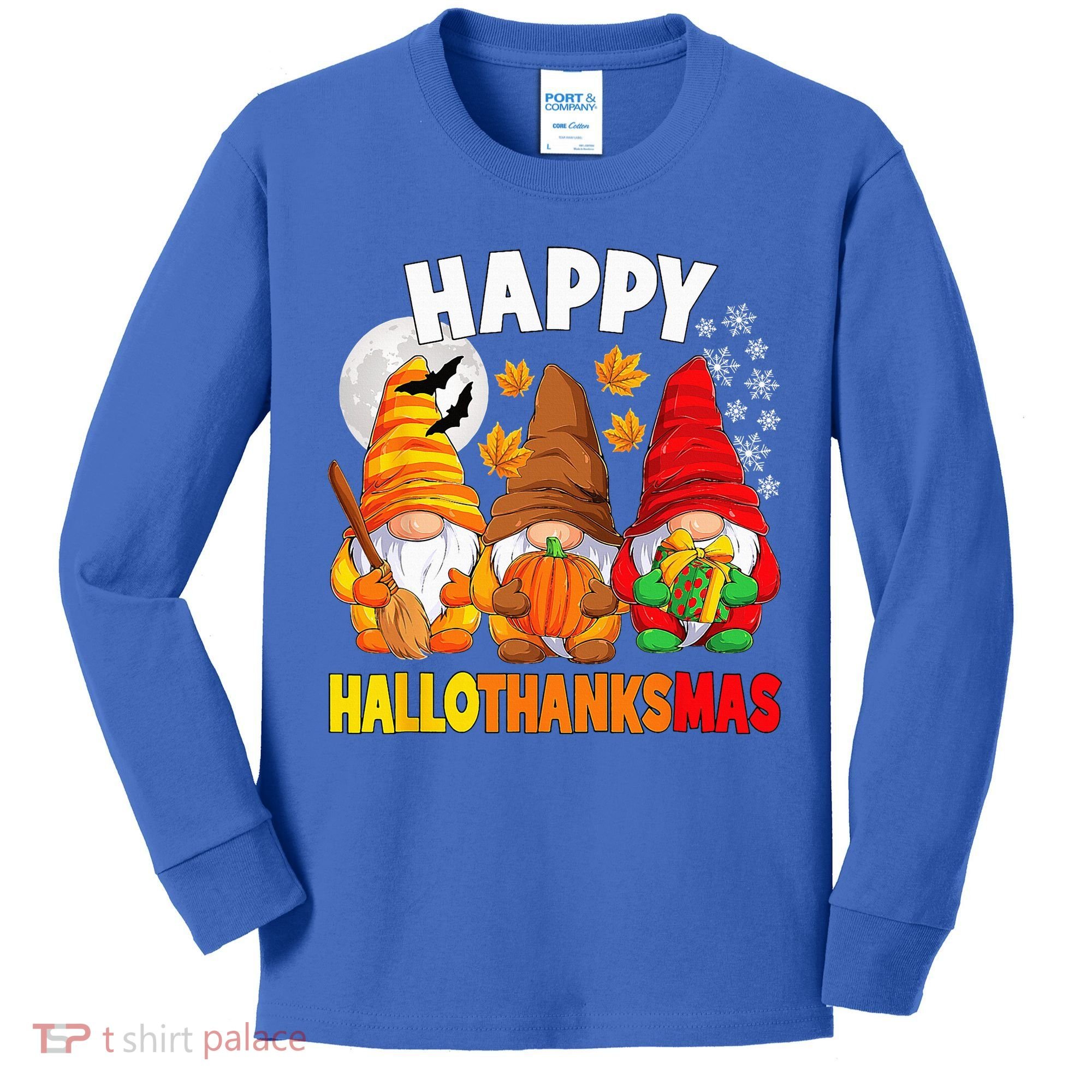 Happy HalloThanksMas Halloween Thanksgiving Christmas Gnomes Kids Long Sleeve Shirt