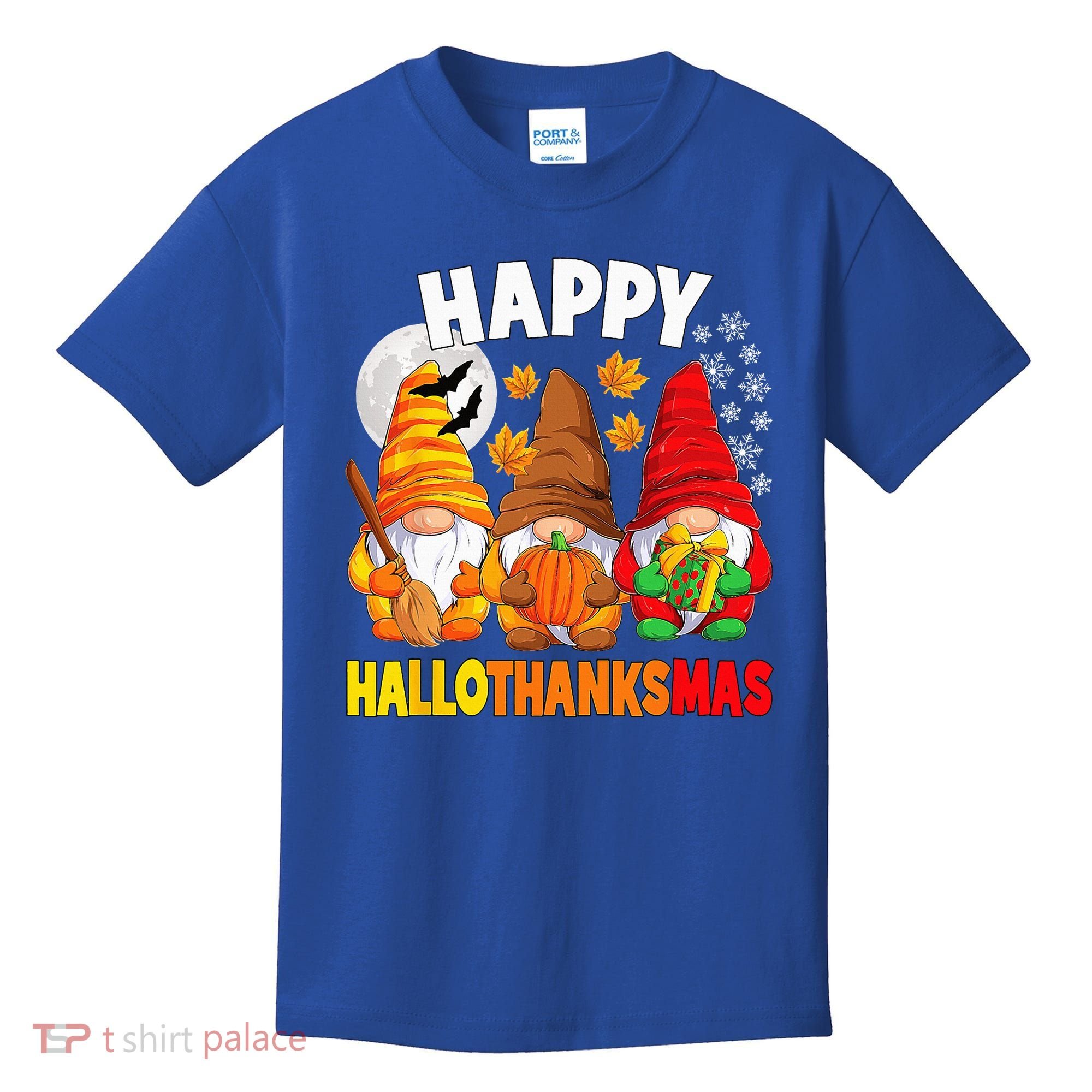 Happy HalloThanksMas Halloween Thanksgiving Christmas Gnomes Kids T-Shirt