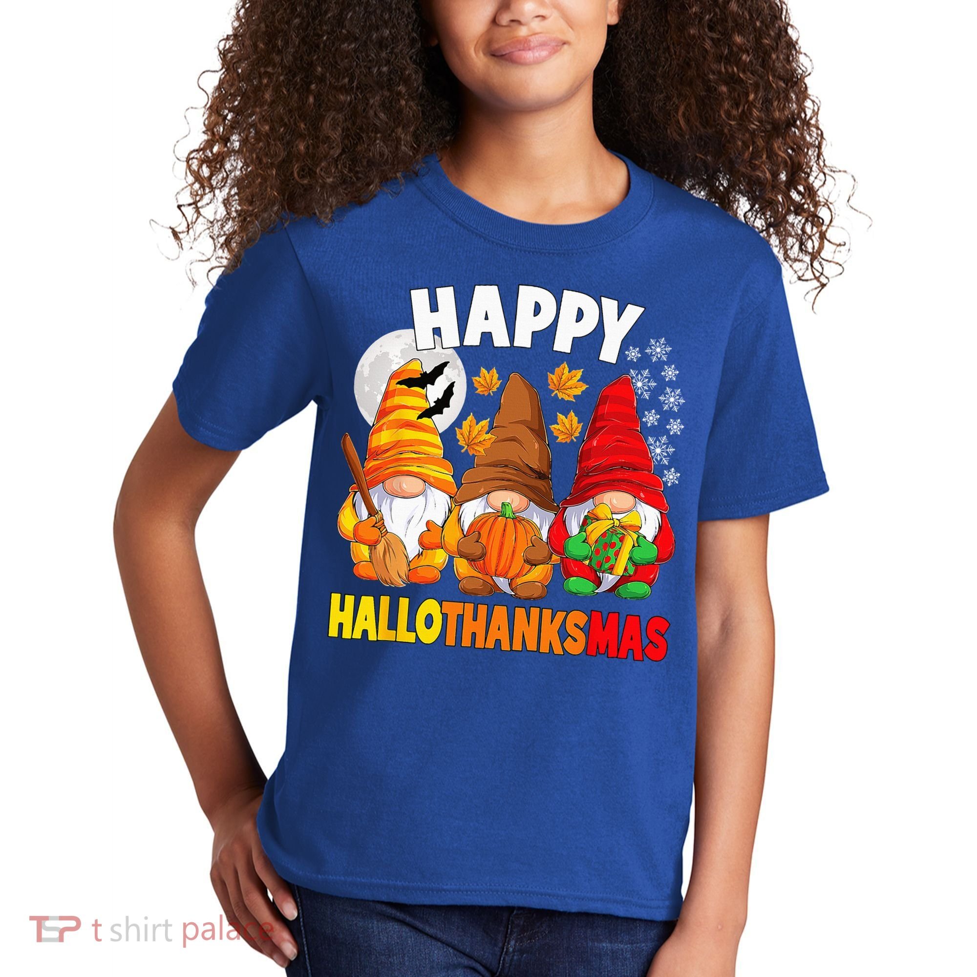 Happy HalloThanksMas Halloween Thanksgiving Christmas Gnomes Kids T-Shirt