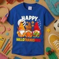 Happy HalloThanksMas Halloween Thanksgiving Christmas Gnomes Kids T-Shirt thumb 3