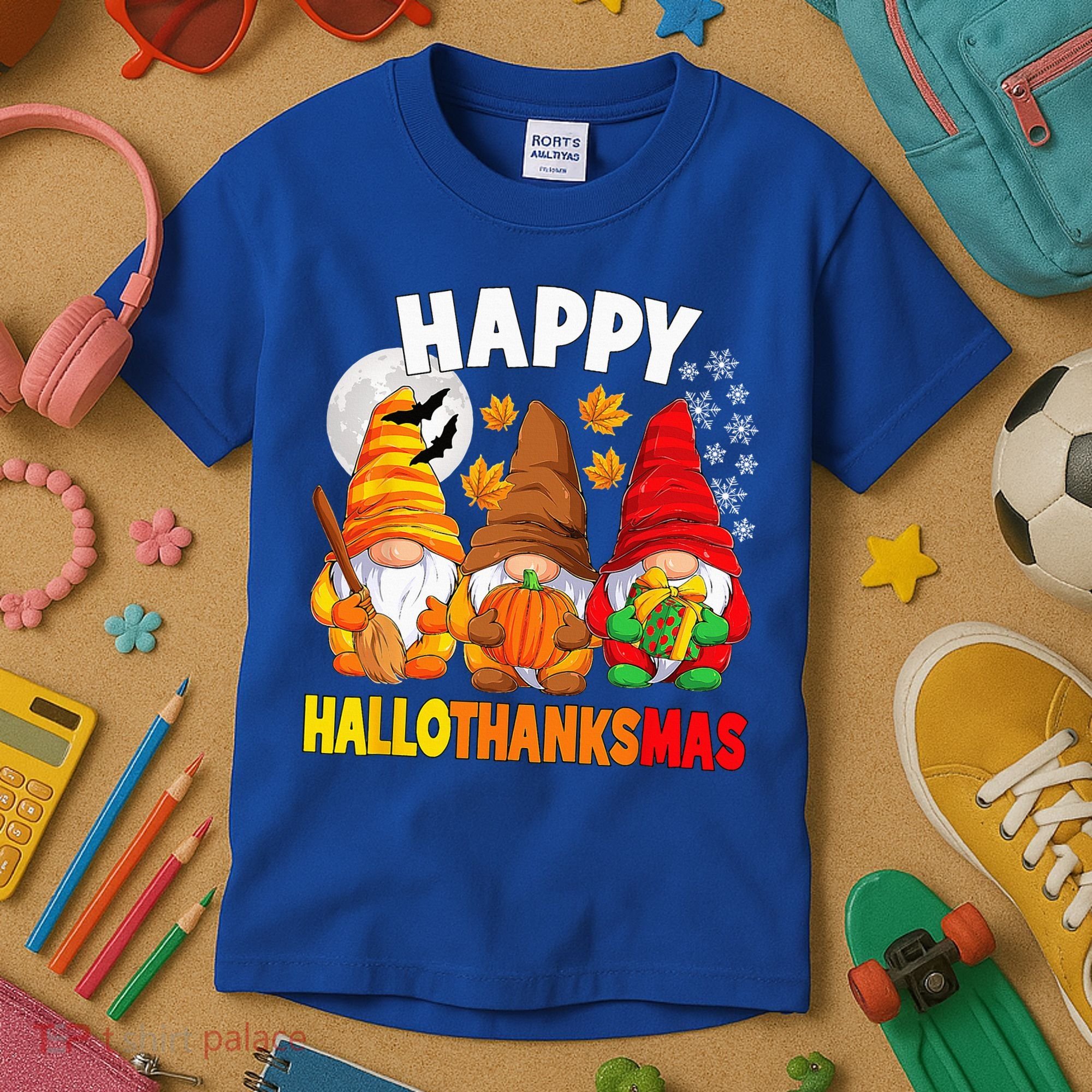 Happy HalloThanksMas Halloween Thanksgiving Christmas Gnomes Kids T-Shirt