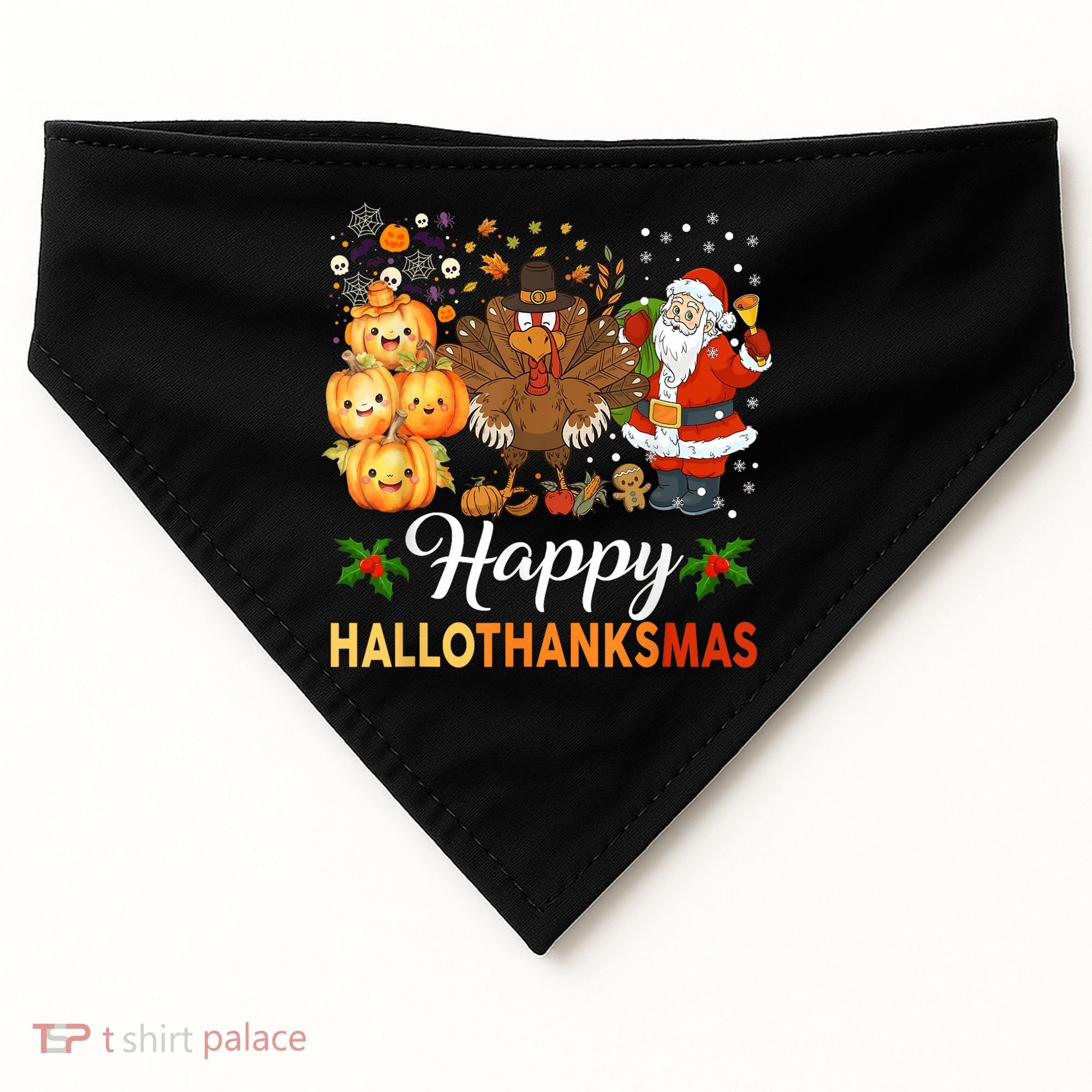Happy Hallothanksmas Halloween Thanksgiving Christmas Funny USA-Made Doggie Bandana