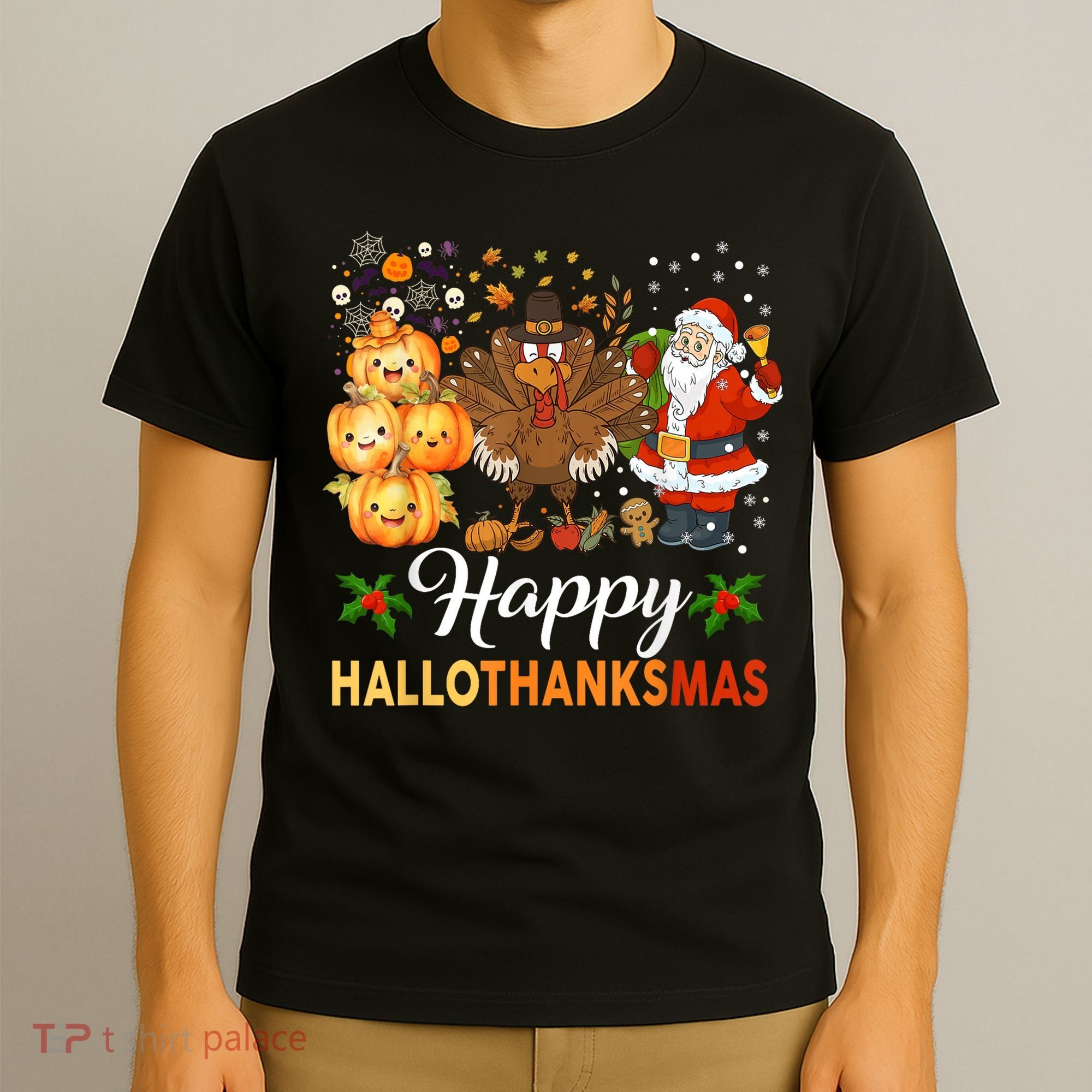 Happy Hallothanksmas Halloween Thanksgiving Christmas Funny T-Shirt
