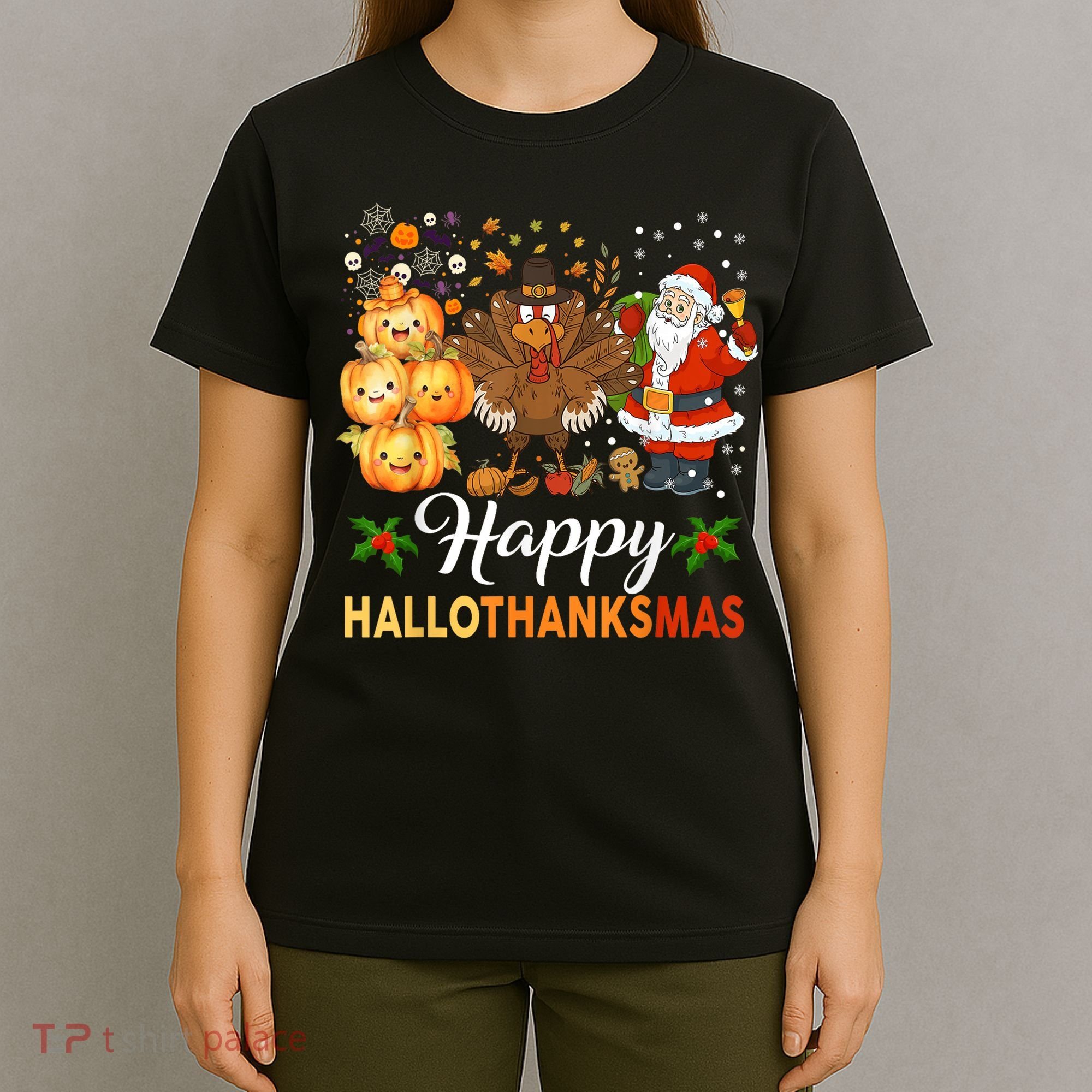 Happy Hallothanksmas Halloween Thanksgiving Christmas Funny T-Shirt