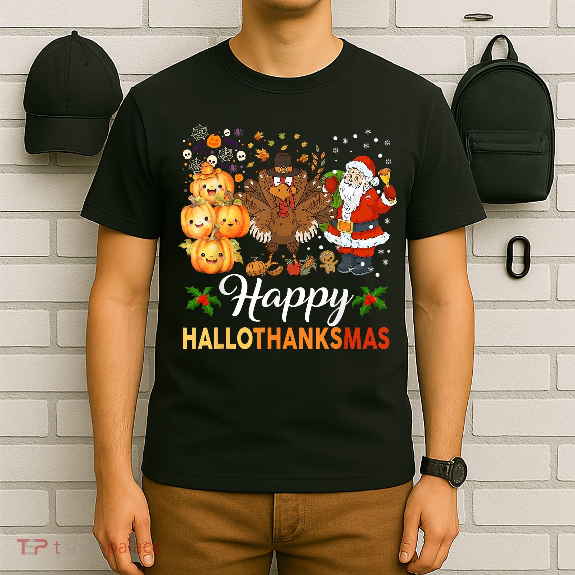 Happy Hallothanksmas Halloween Thanksgiving Christmas Funny T-Shirt