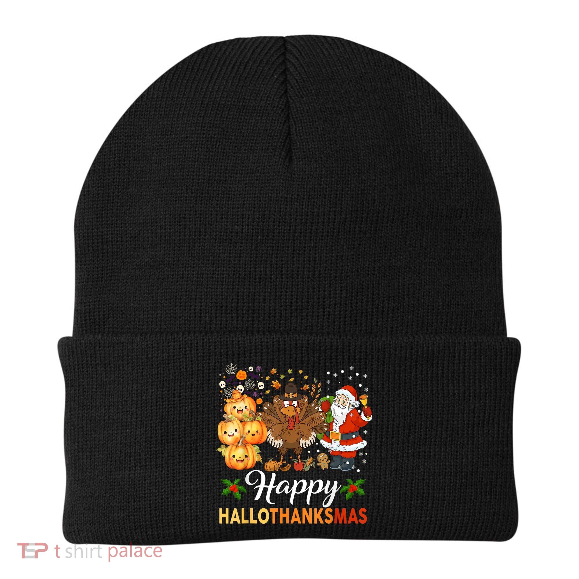 Happy Hallothanksmas Halloween Thanksgiving Christmas Funny Beanie