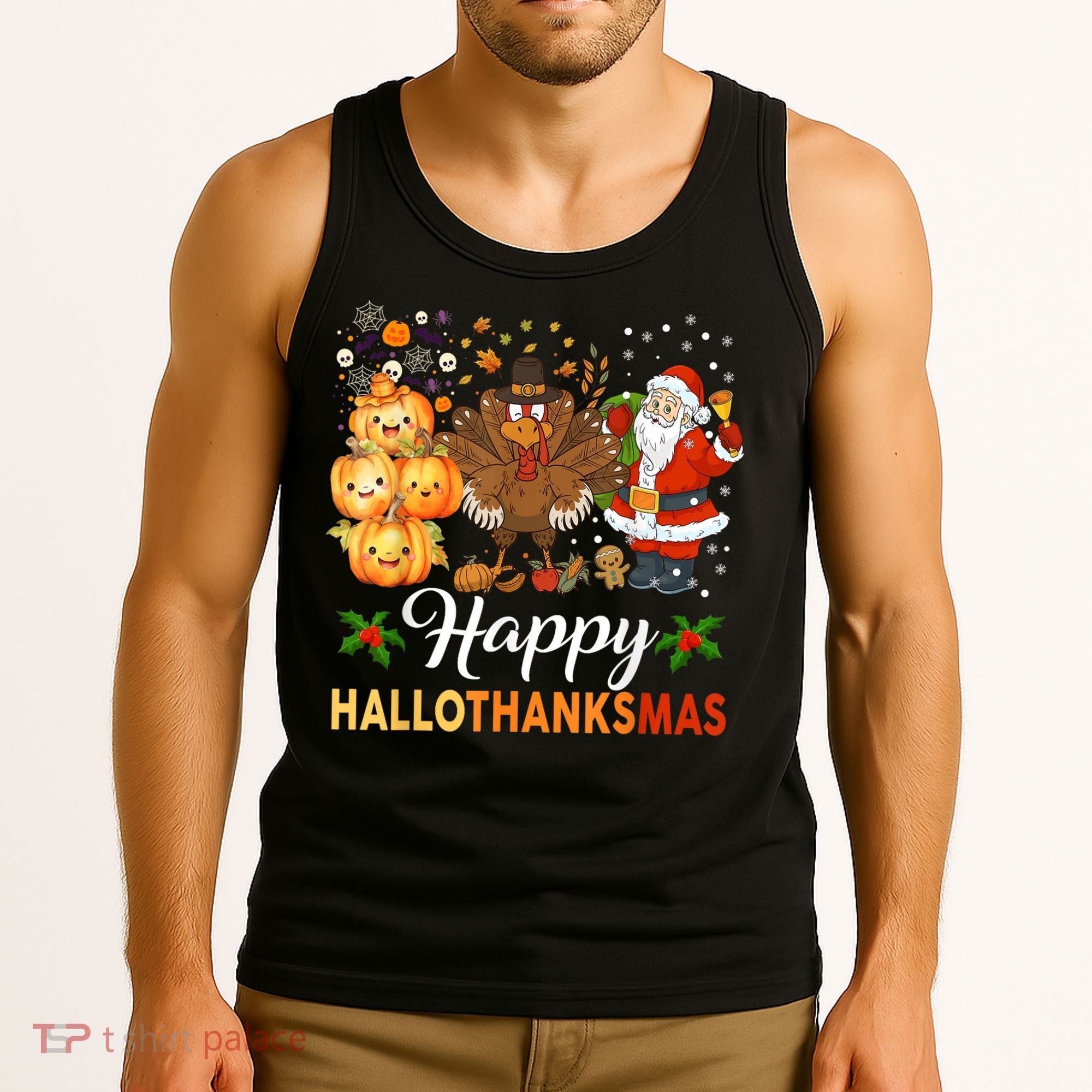 Happy Hallothanksmas Halloween Thanksgiving Christmas Funny Tank Top