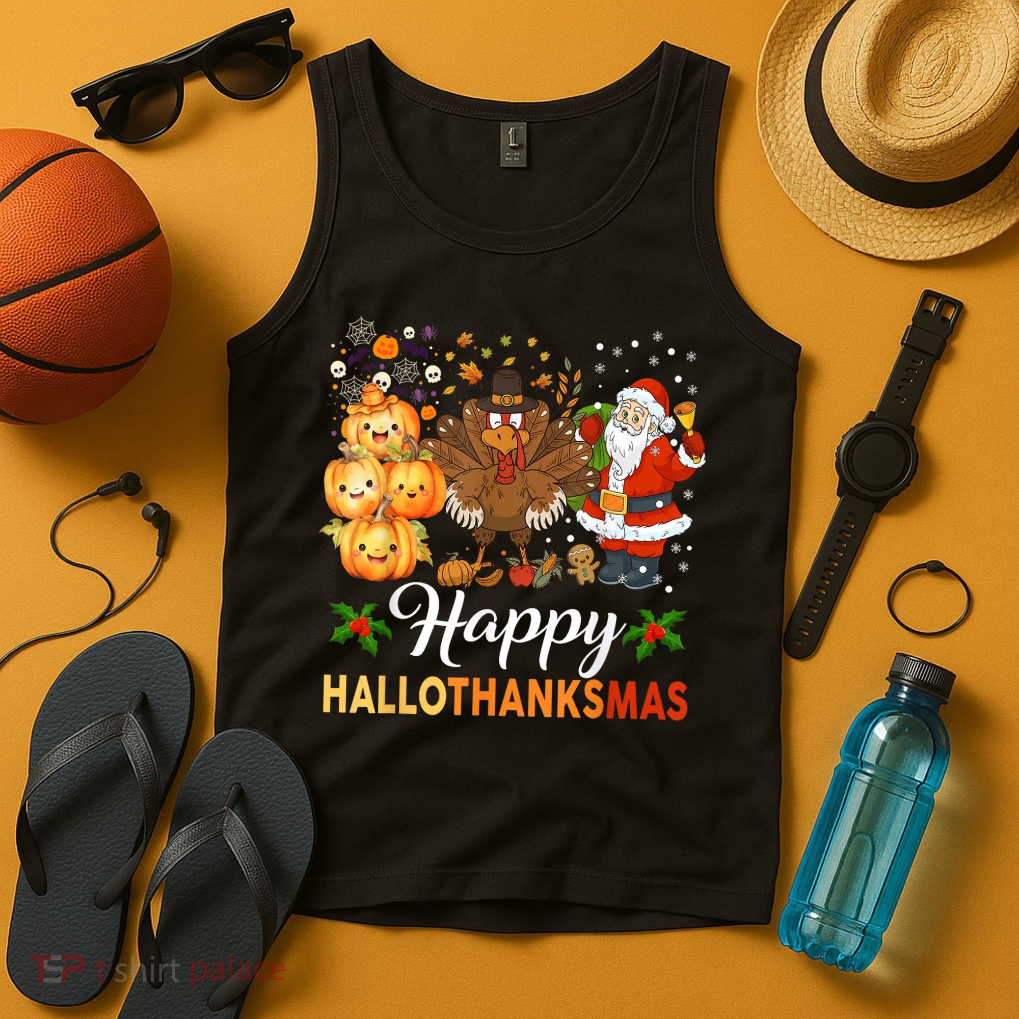 Happy Hallothanksmas Halloween Thanksgiving Christmas Funny Tank Top