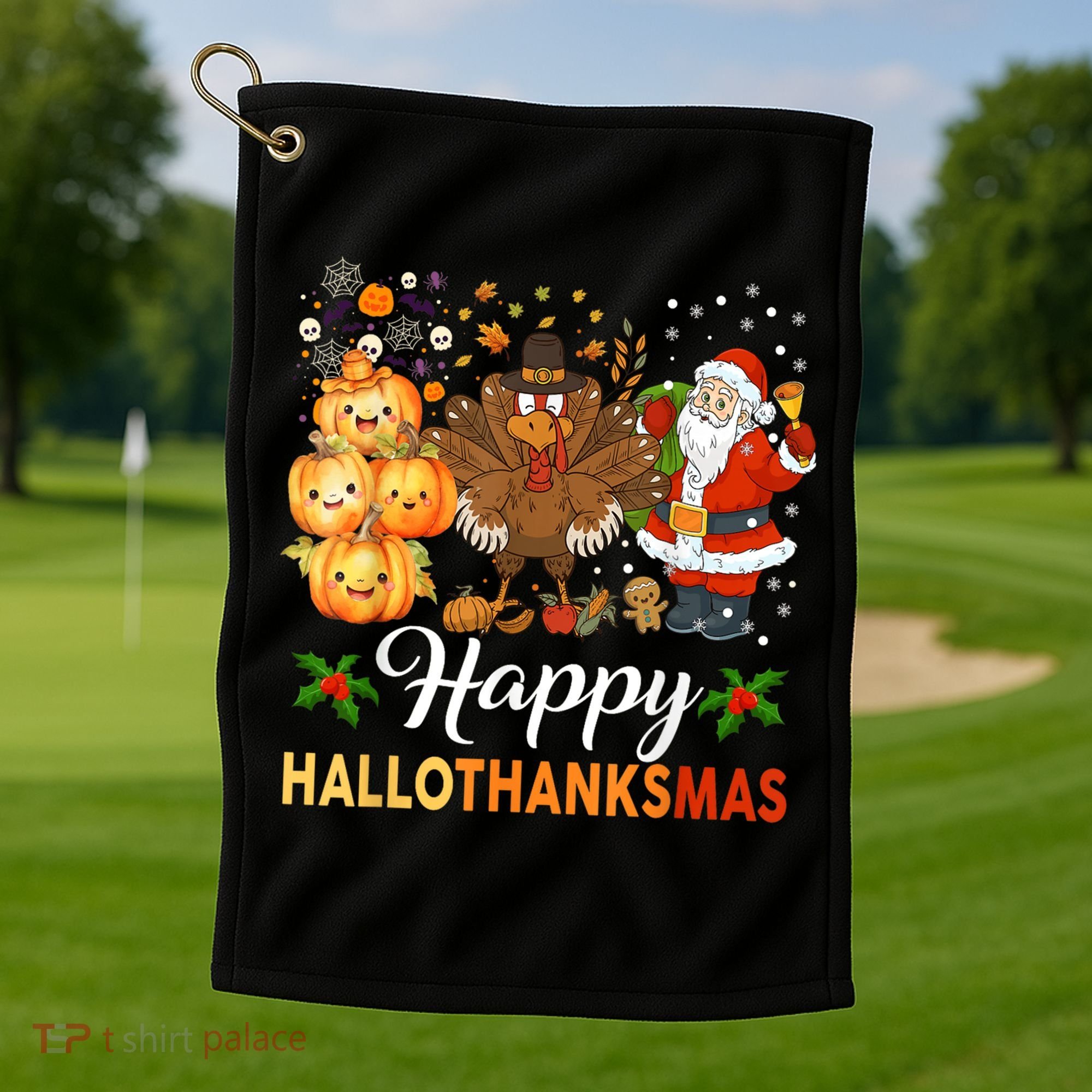 Happy Hallothanksmas Halloween Thanksgiving Christmas Funny Golf Towel