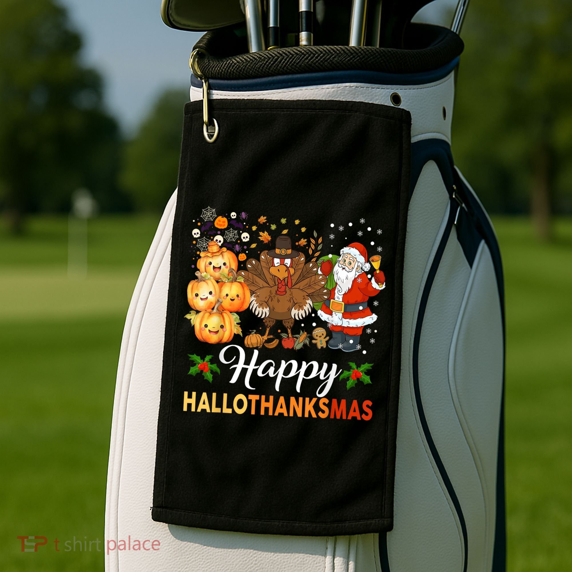 Happy Hallothanksmas Halloween Thanksgiving Christmas Funny Golf Towel