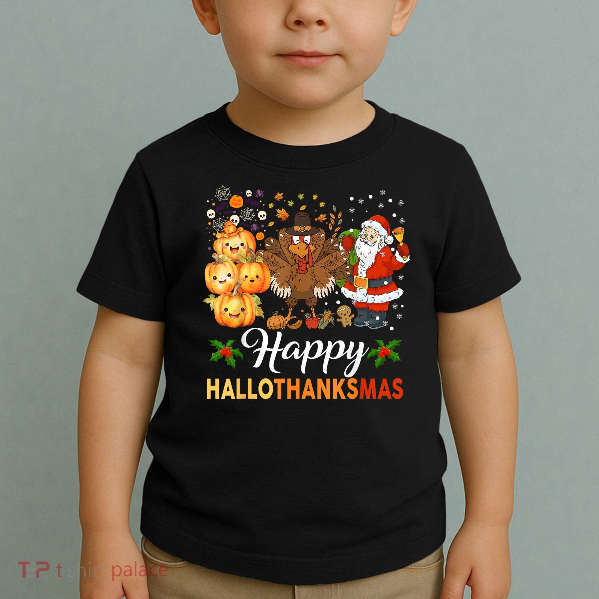 Happy Hallothanksmas Halloween Thanksgiving Christmas Funny Toddler T-Shirt