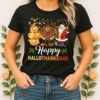 Happy Hallothanksmas Halloween Thanksgiving Christmas Funny Women's T-Shirt thumb 2