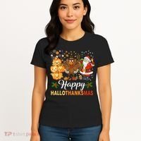Happy Hallothanksmas Halloween Thanksgiving Christmas Funny Women's T-Shirt thumb 4