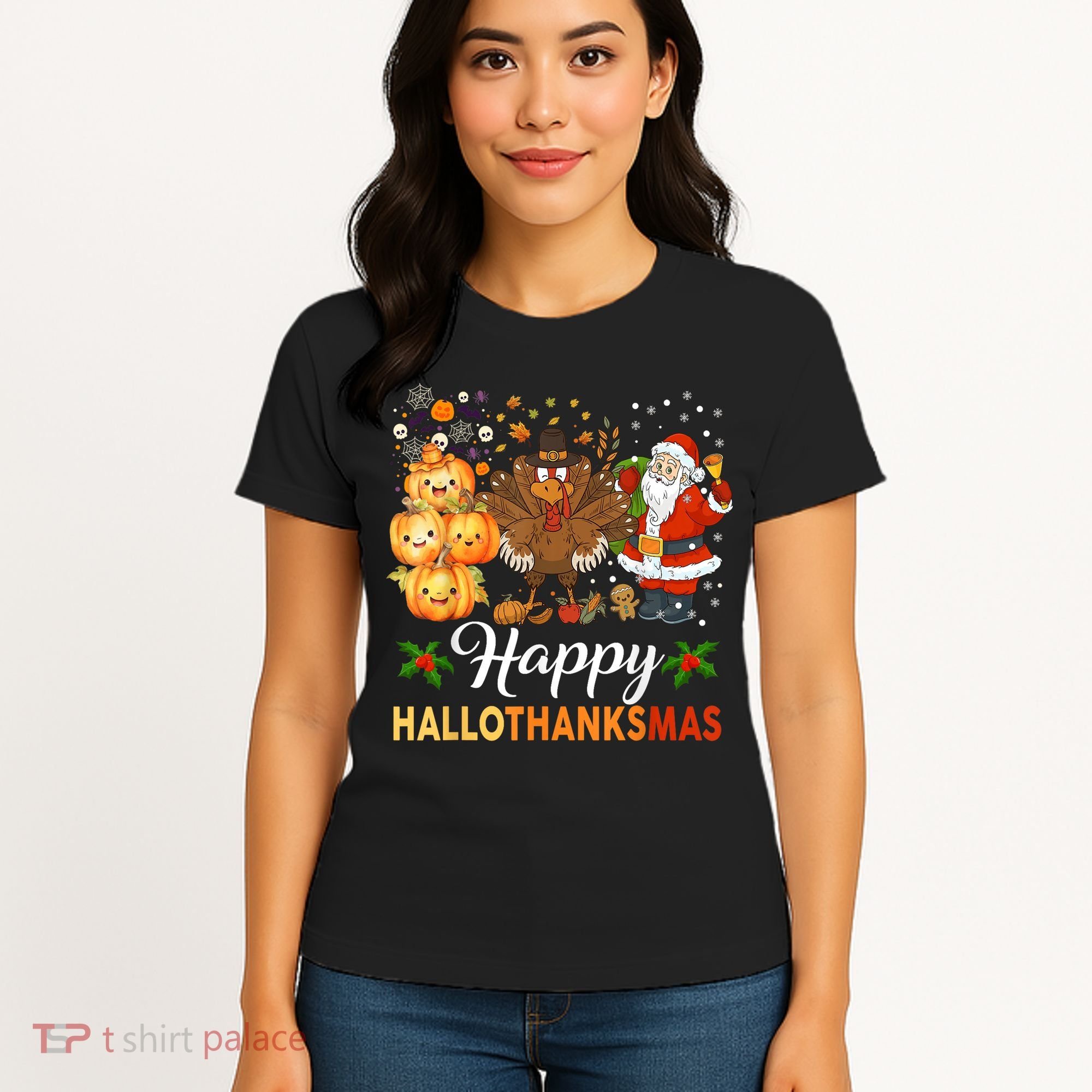 Happy Hallothanksmas Halloween Thanksgiving Christmas Funny Women's T-Shirt