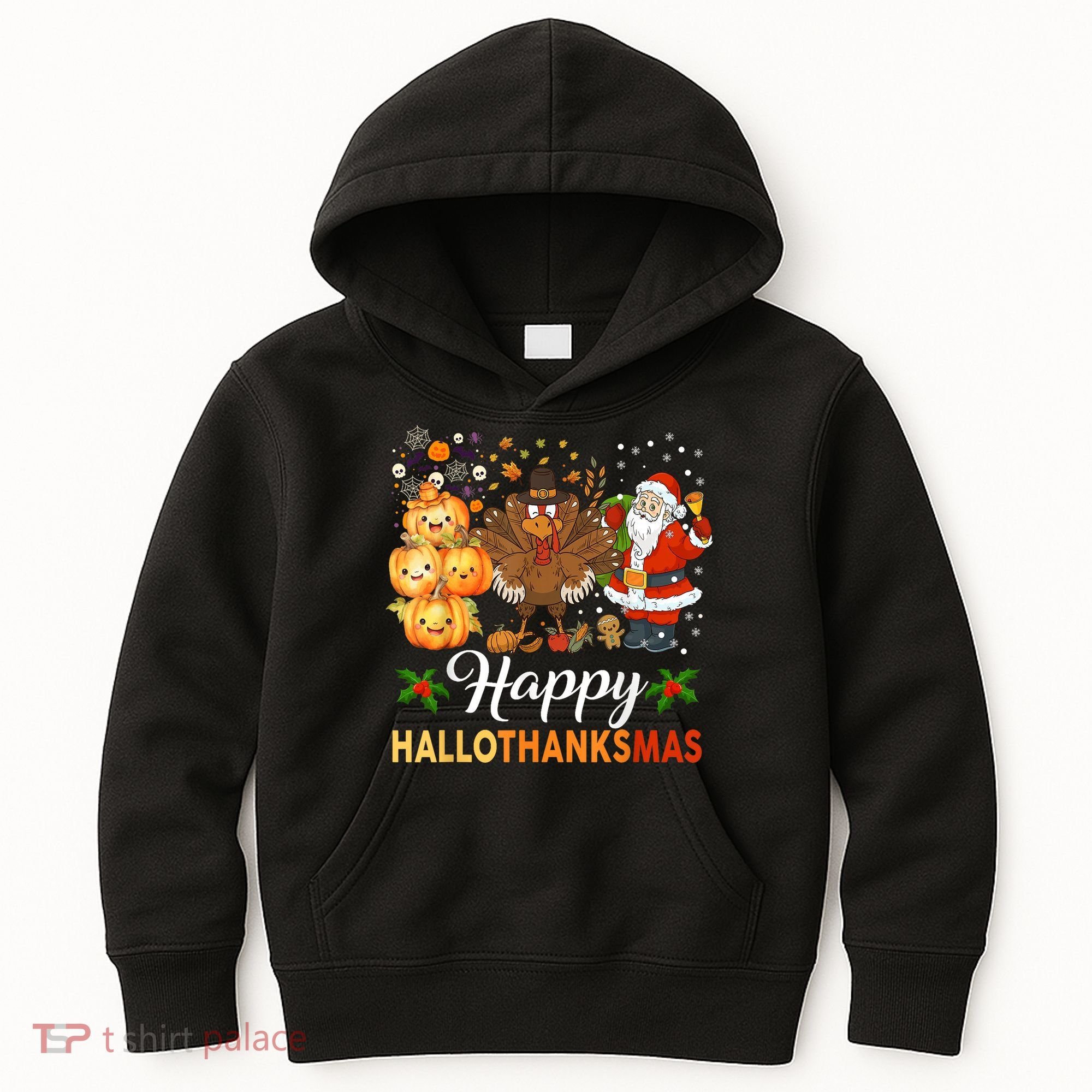 Happy Hallothanksmas Halloween Thanksgiving Christmas Funny Kids Hoodie