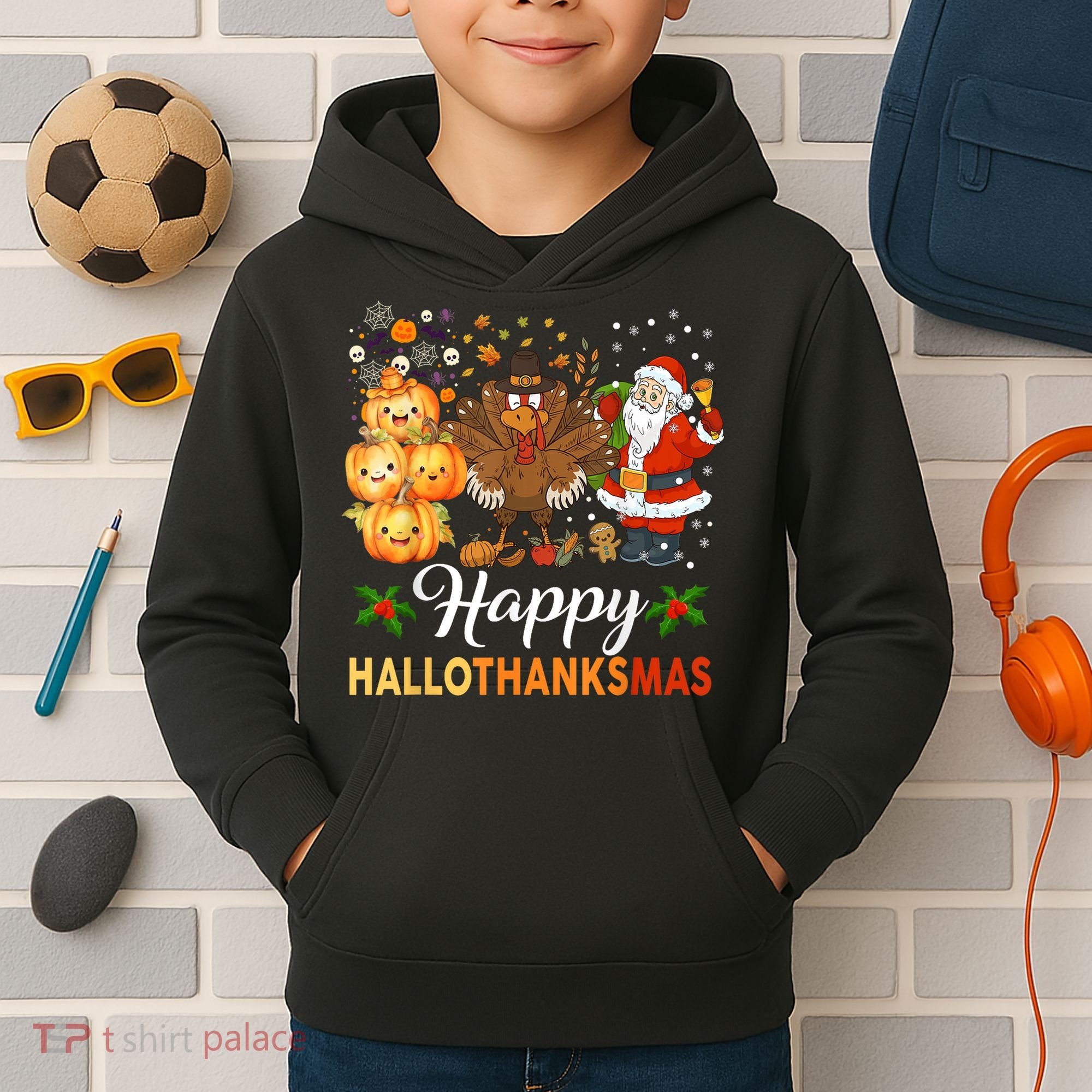 Happy Hallothanksmas Halloween Thanksgiving Christmas Funny Kids Hoodie