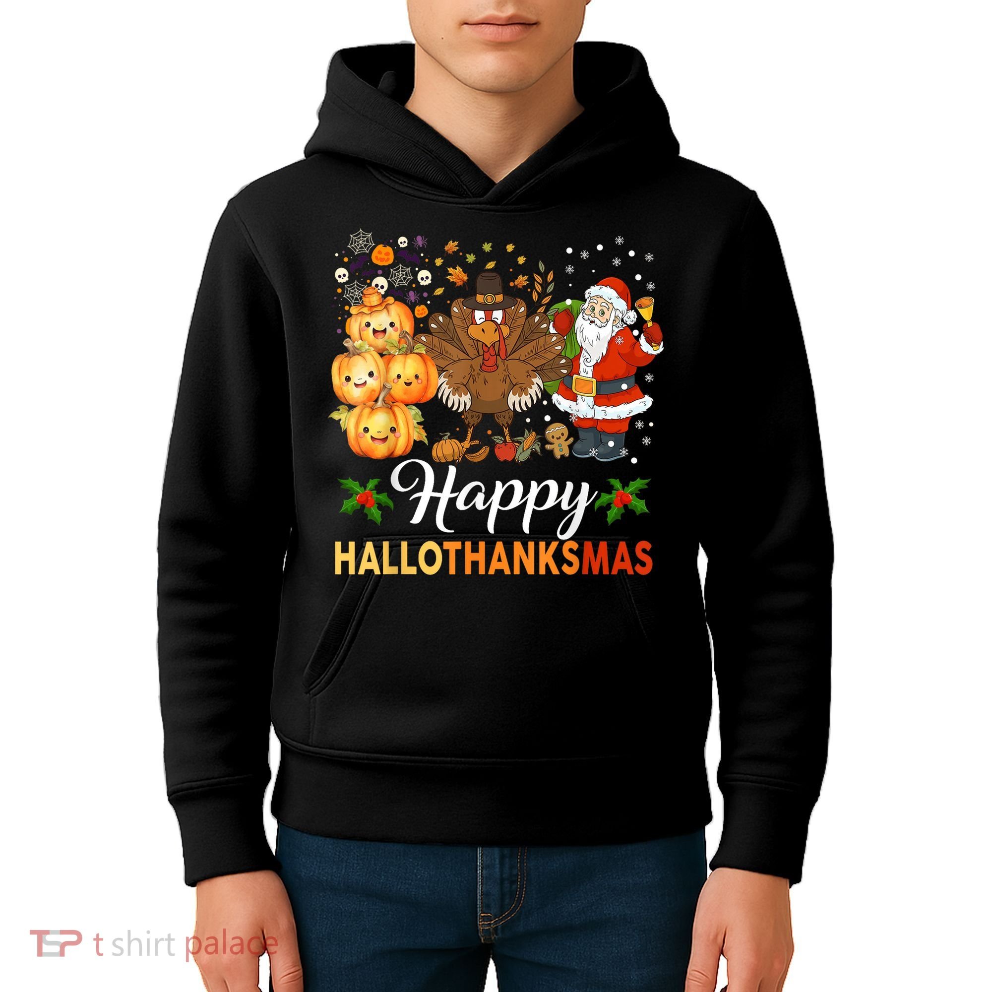 Happy Hallothanksmas Halloween Thanksgiving Christmas Funny Kids Hoodie