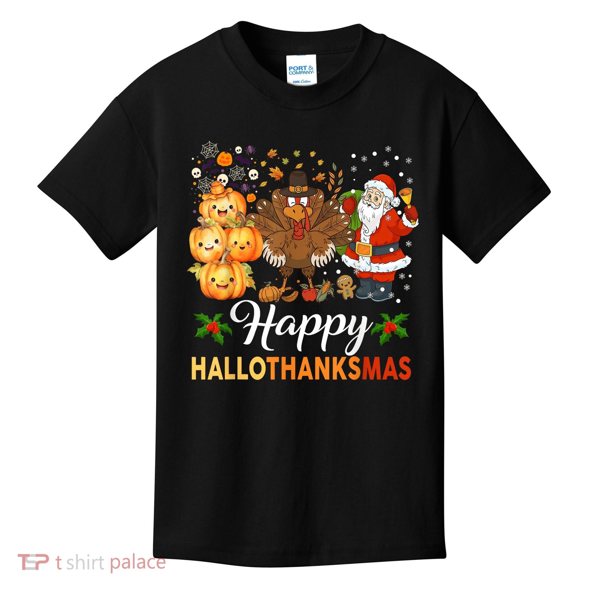 Happy Hallothanksmas Halloween Thanksgiving Christmas Funny Kids T-Shirt
