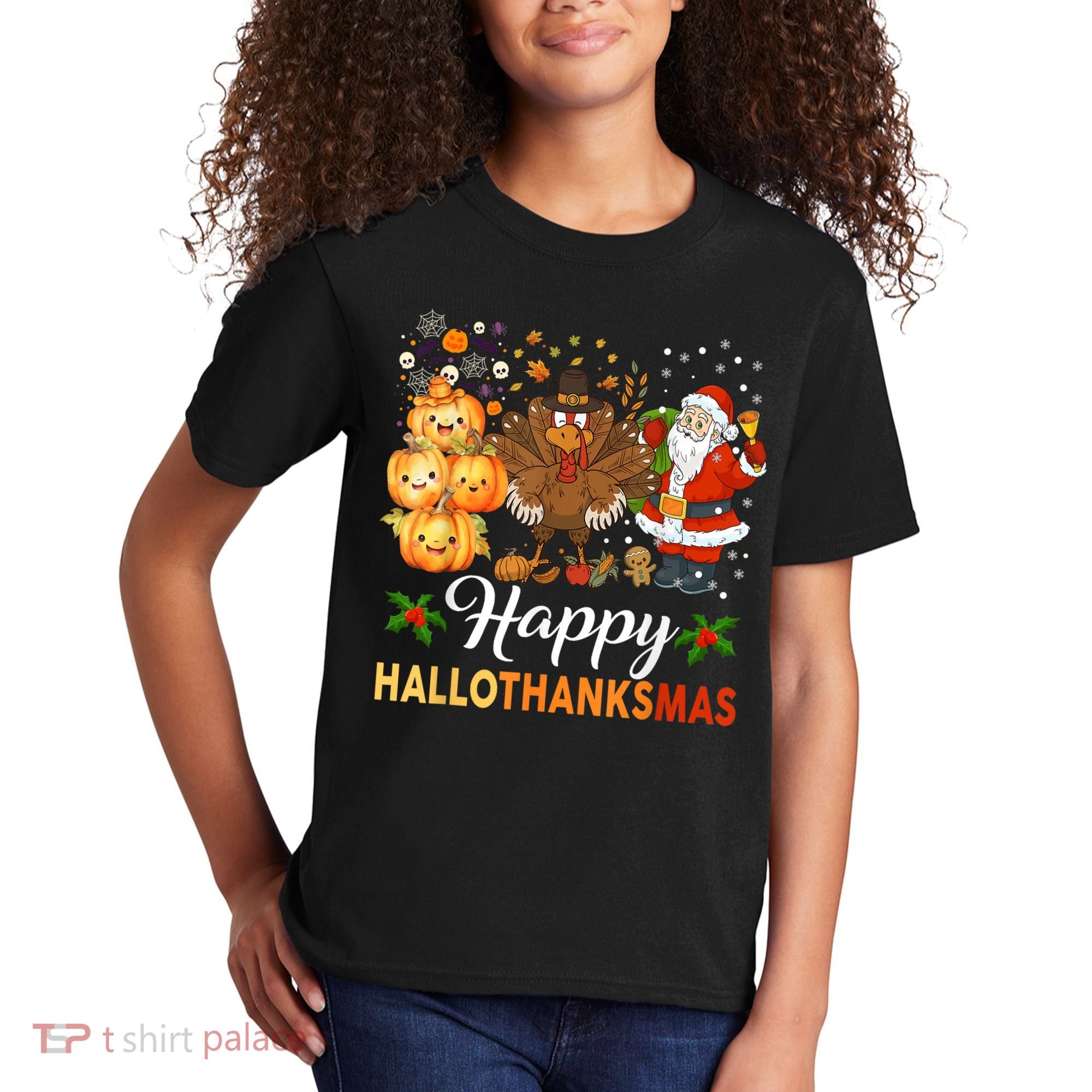 Happy Hallothanksmas Halloween Thanksgiving Christmas Funny Kids T-Shirt