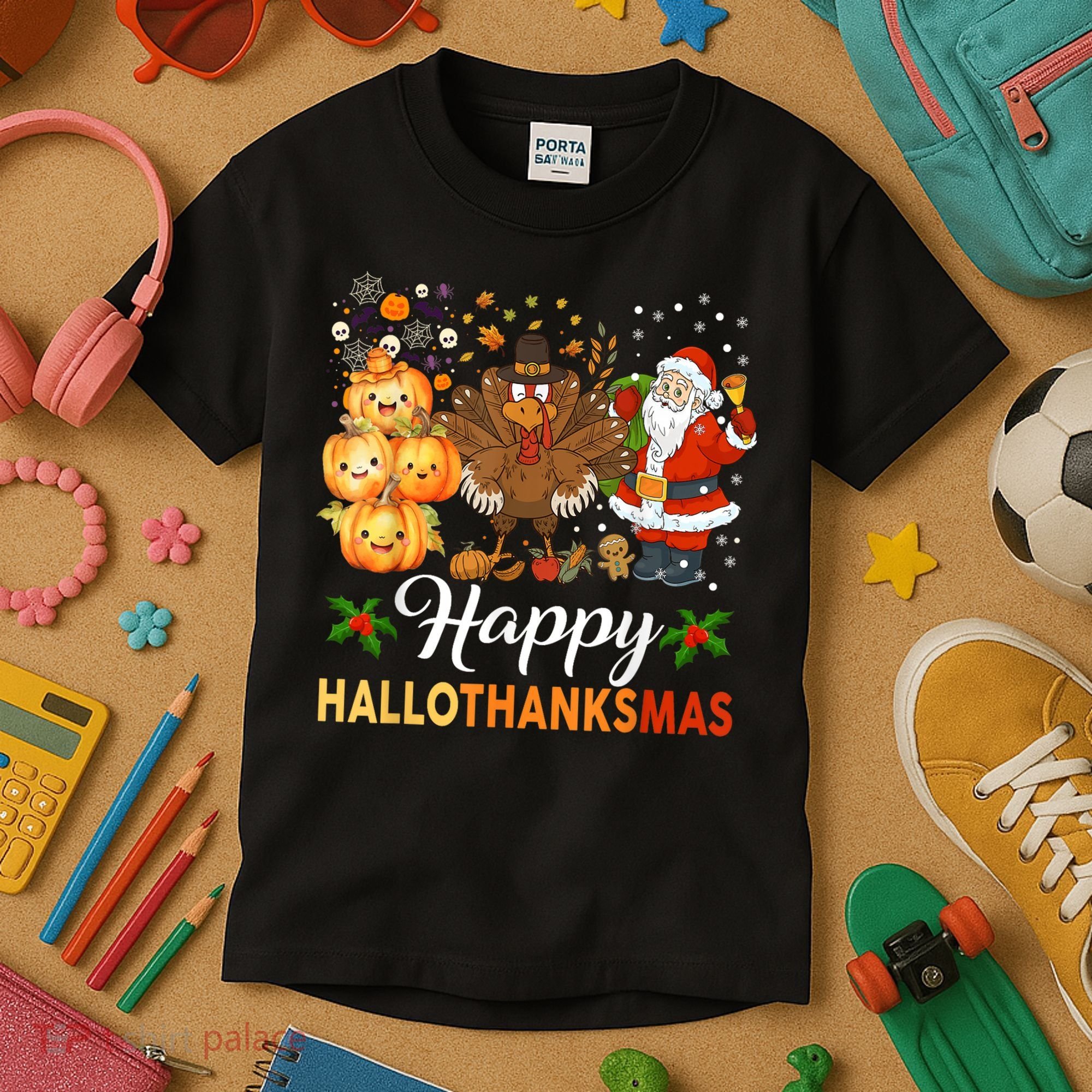 Happy Hallothanksmas Halloween Thanksgiving Christmas Funny Kids T-Shirt